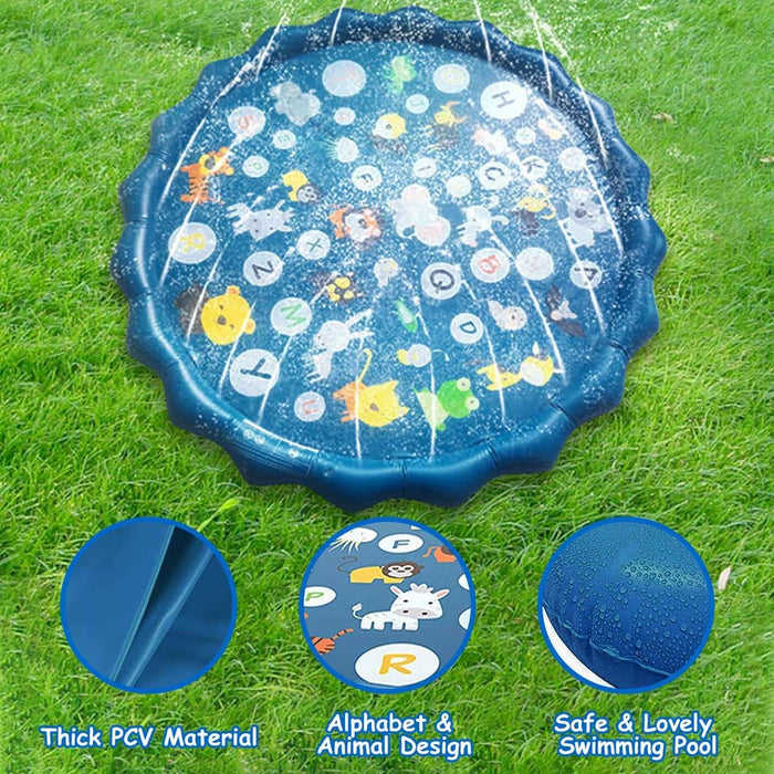 Children's inflatable water play mat with sprinklers on grass, featuring thick PCV material, alphabet & animal design, and safe & lovely swimming pool.