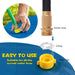 Garden hose connector with close-up of hand using it, labeled parts on a blue background.