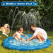 Children playing in a shallow water pool with a dog nearby, set against a green outdoor background.