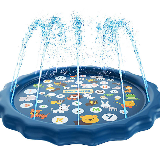 Children's inflatable splash pad with water sprays and educational graphics on a white background