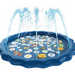 Children's inflatable splash pad with water sprays and educational graphics on a white background
