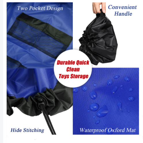 Blue and black storage bag with features highlighted on a white background