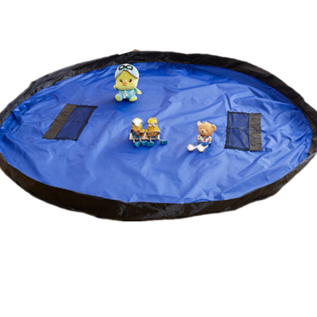 Blue play mat with toy figures on a white background