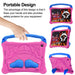Pink and blue tablet case with handles, showing a child's hand holding it, and two views of the case on tablets.