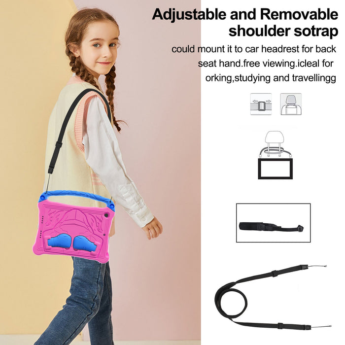 Girl with a pink and blue bag wearing an adjustable shoulder strap against a beige background