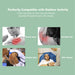 Product advertisement showing images of injuries and pain with text about compatibility with outdoor activity.