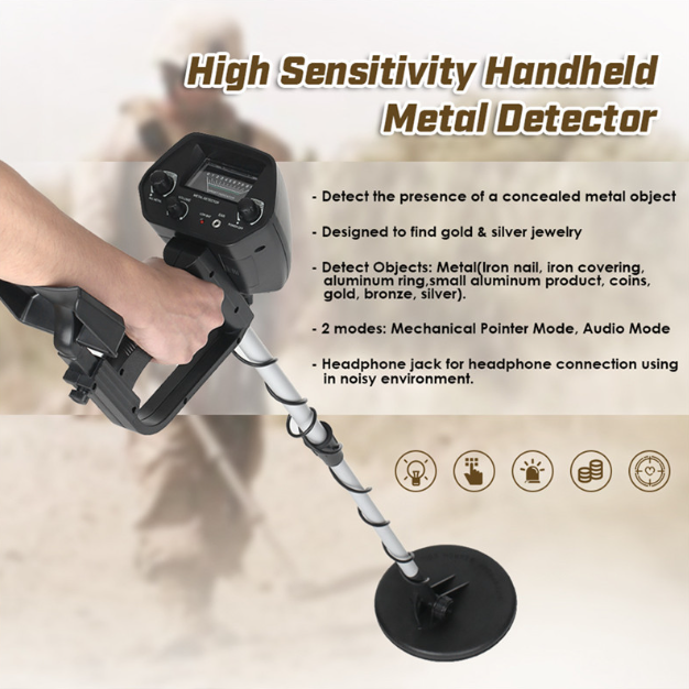 High sensitivity handheld metal detector with text detailing its features.