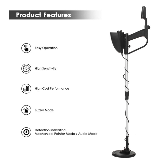 Metal detector with features listed on a white background