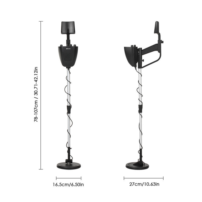 Two metal detectors with dimensions indicated on a white background