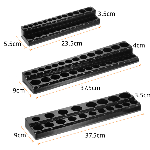 Black holder with multiple compartments and measurements on a white background