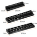 Black holder with multiple compartments and measurements on a white background