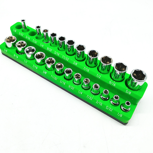 Green socket set organizer with various sockets on a white background
