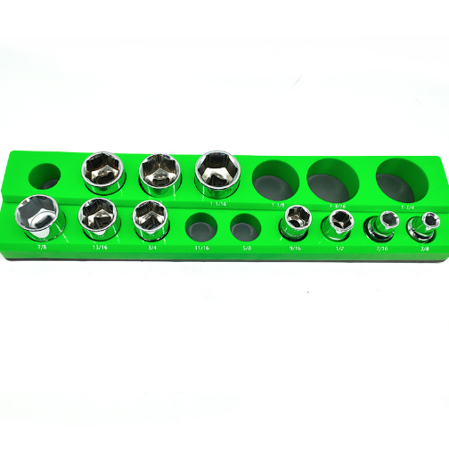 Green socket holder with multiple sockets on a white background
