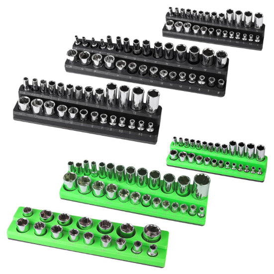 Set of socket wrenches on black and green trays against a white background