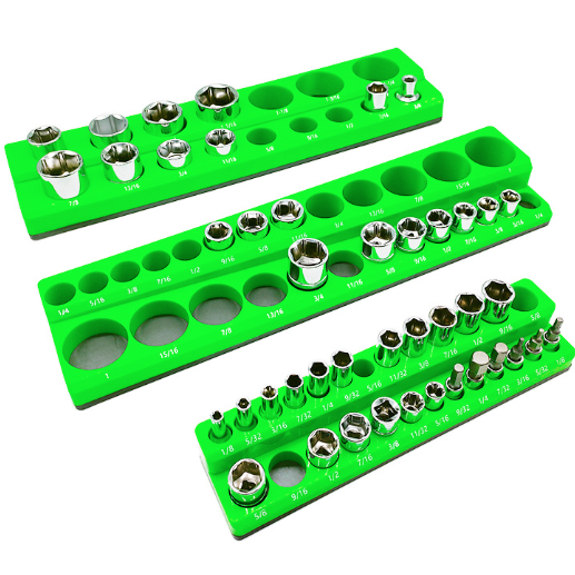 Three green tool holders with various sockets on a white background