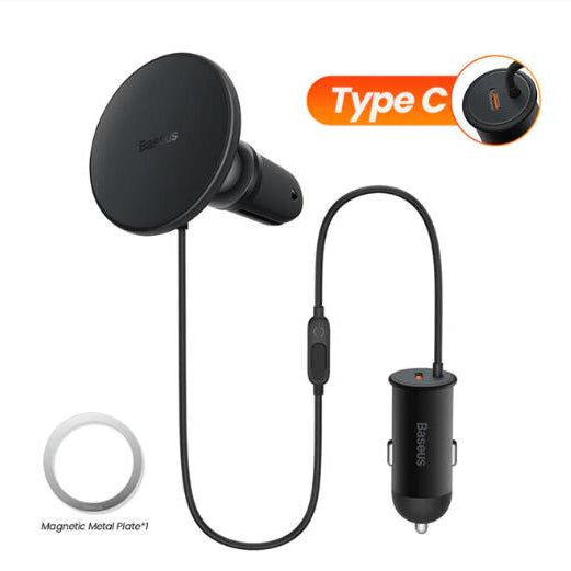 Black car charger with magnetic metal plate and Type C connector on a white background