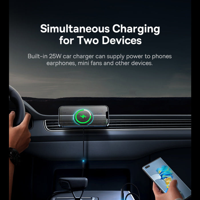 Car dashboard with a built-in 25W car charger charging two devices.