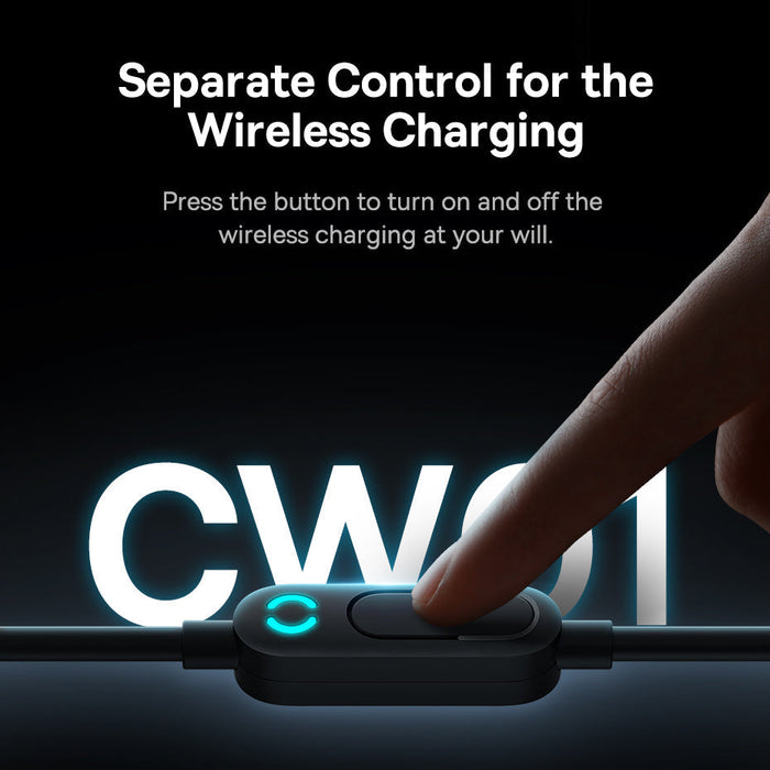 Hand pressing a button on a wireless charging cable with text indicating control for wireless charging.