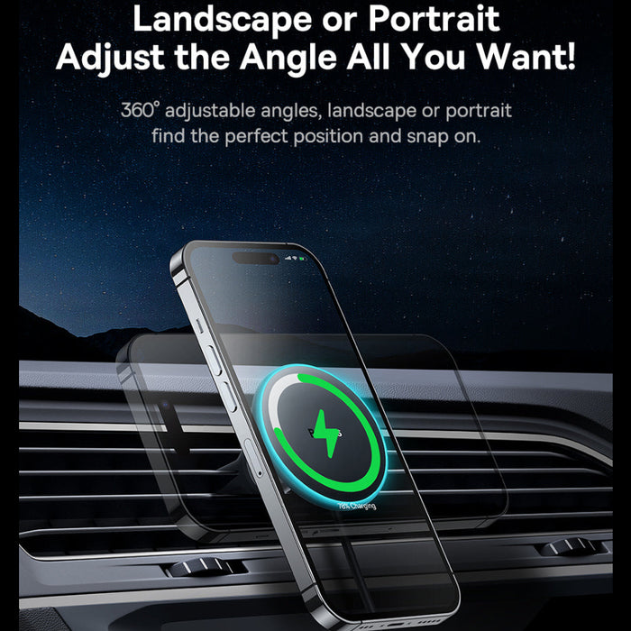 Phone with a screen protector on a car vent, with text about adjustable angles.