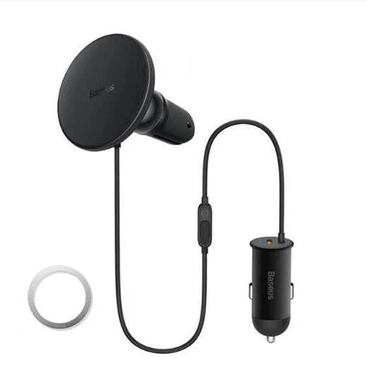 Black car mount and charging cable with Baasens branding on a white background