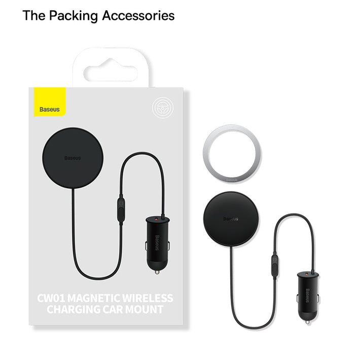 Baseus magnetic wireless charging car mount packaging with accessories on a white background