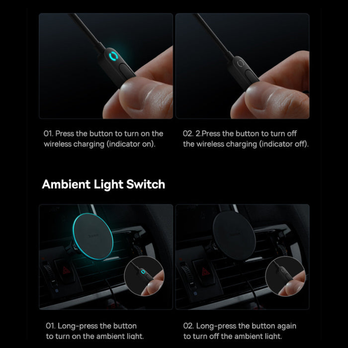 Instructions for using a wireless charging switch and ambient light switch.