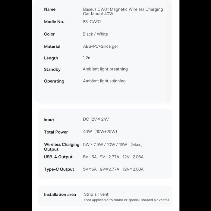 Technical specifications of a BasAcc CW01 Magnetic Wireless Charging Car Mount on a white background