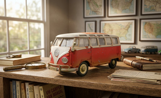 A rustic red-and-white vintage VW Samba Bus die-cast model centered on a wooden desk. It is surrounded by antique travel-themed decor, including a brass magnifying glass, a leather journal, postcards, and framed maps, all bathed in soft sunlight.