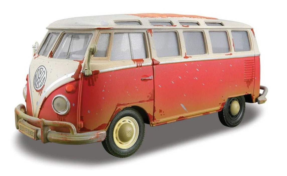 Model of a red and white vintage van on a white background