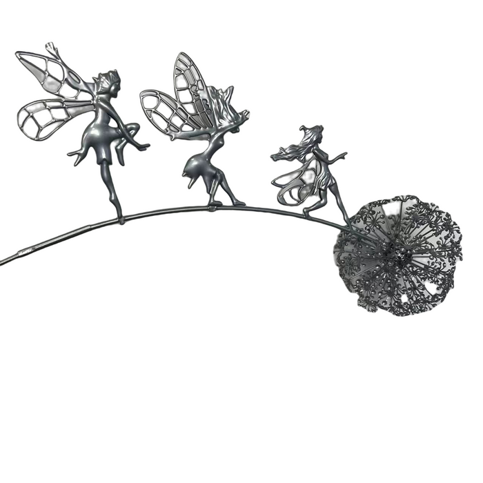 Decorative hairpin with fairy figures and a flower on a white background