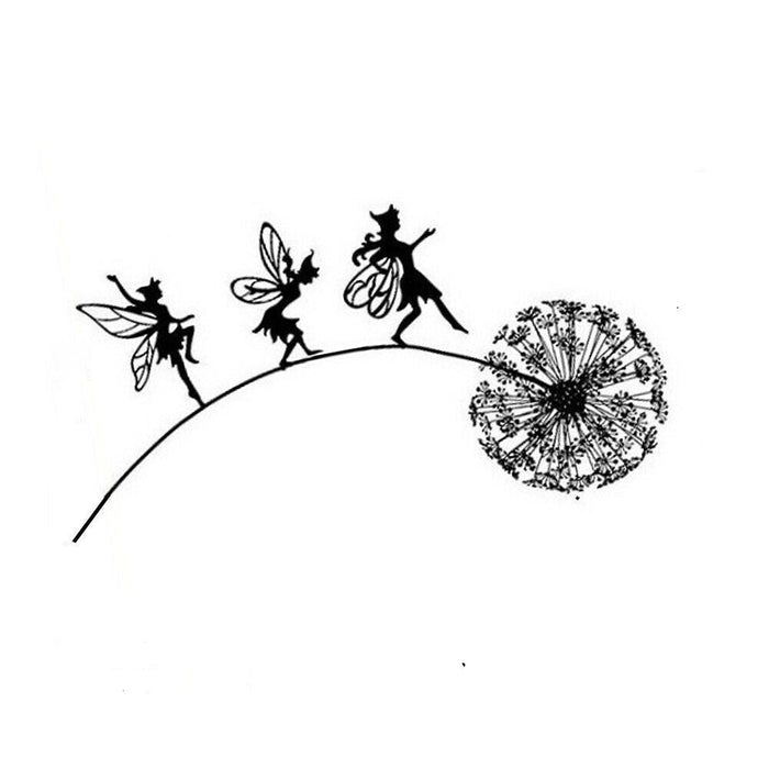 Black and white illustration of fairies on a dandelion seed head.