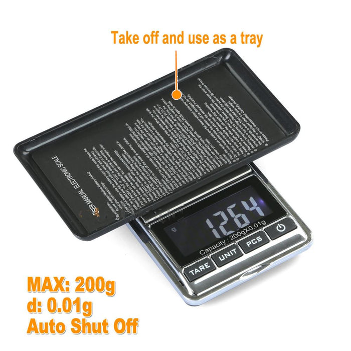 Digital pocket scale with a tray and text indicating features on a white background