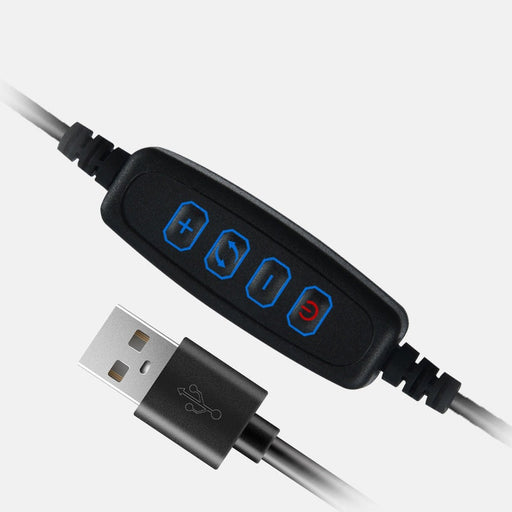 Black USB cable with a control unit featuring blue and red buttons on a white background