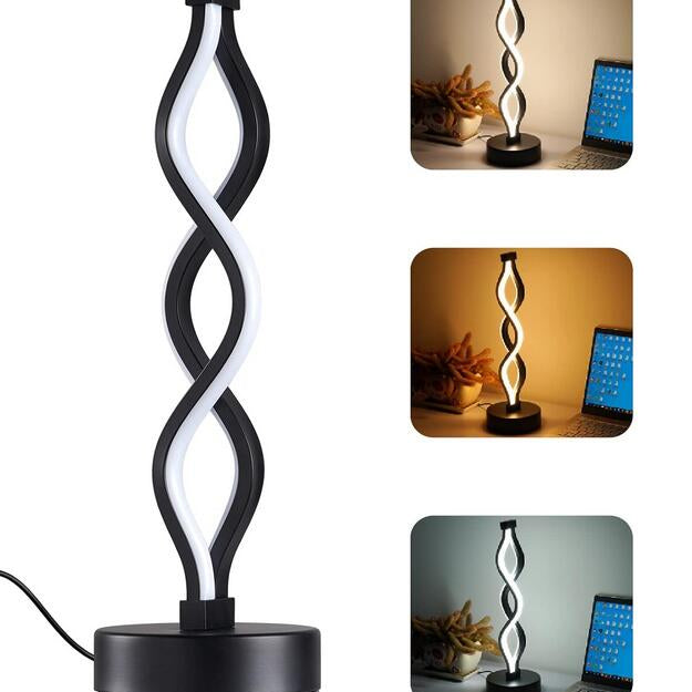 Modern LED table lamp with black and white spiral design, shown in various settings.