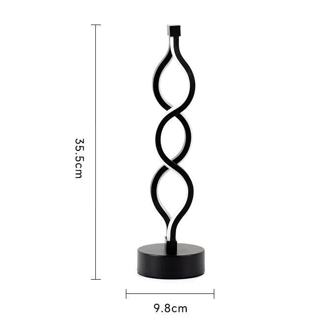 Black metal spiral table lamp with a round base, shown with dimension markings of 35.5 cm height and 9.