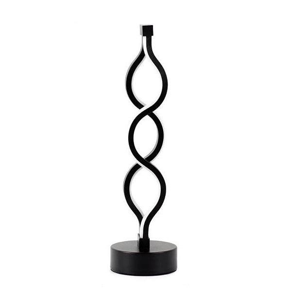 A modern black metal table lamp with a circular base and a vertical, twisting spiral design resembling three stacked teardrop loops, shown against a plain white background.