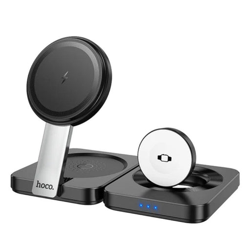 Black wireless charging stand with multiple ports on a white background