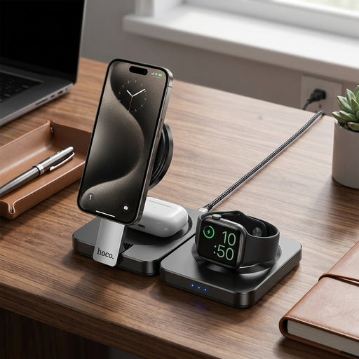 A black Hoco wireless charging dock set on a wooden desk, featuring a phone stand with a smartphone and a dual charging pad holding a smartwatch and earbud case.