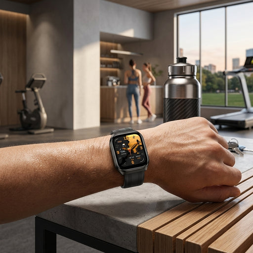 Black smartwatch worn on a wrist in a modern gym setting.
