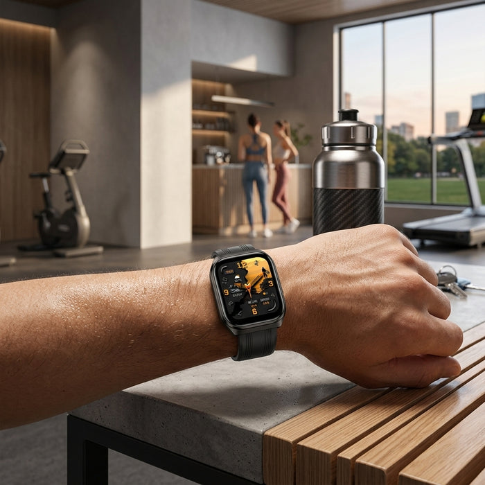 Black smartwatch worn on a wrist in a modern gym setting.