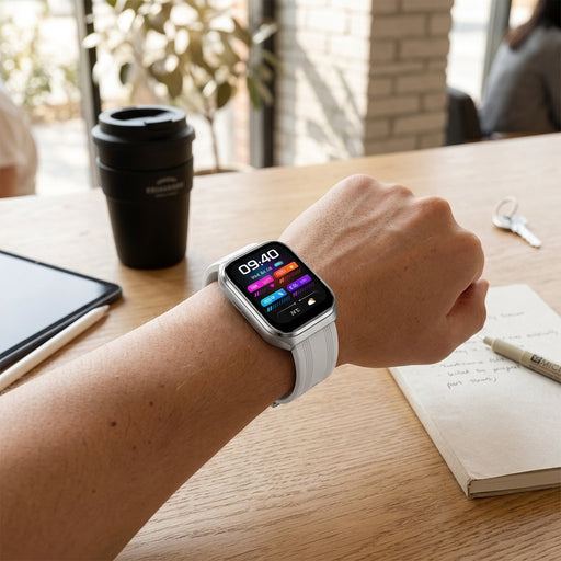 A person's wrist wearing a  smartwatch with a detailed data screen, resting on a wooden table alongside a tablet, coffee cup, keys, and notebook in a bright room.