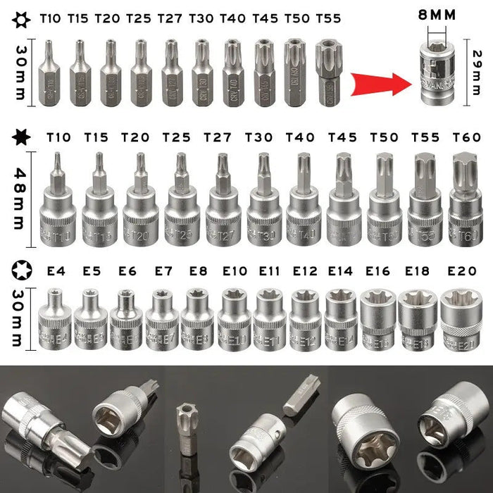 34X E Torx Socket Set Female Start Bit External Hex Torque Tool Garage Car 3/8"