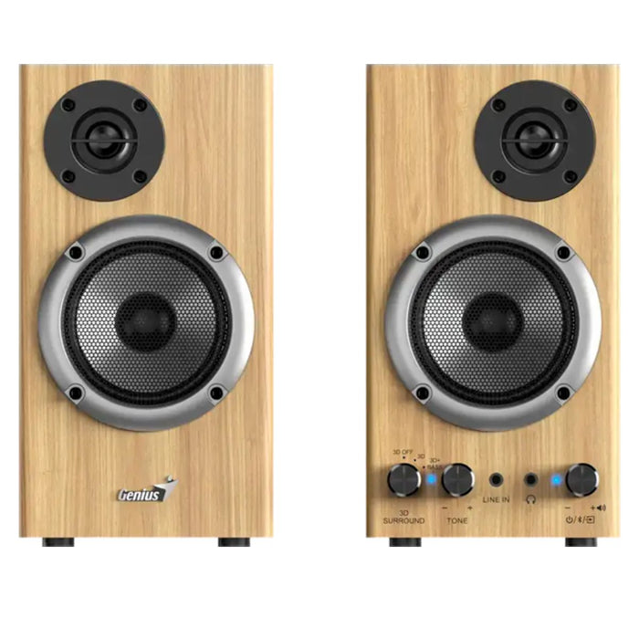Pair of wooden speakers with black and silver components on a white background