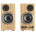 Pair of wooden speakers with black and silver components on a white background
