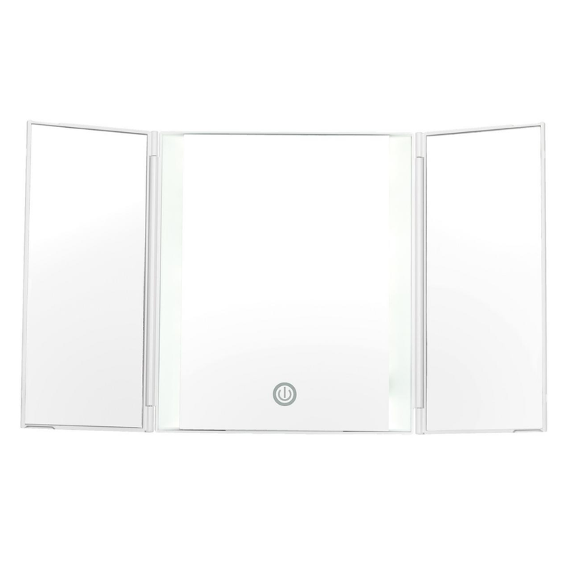 White trifold brochure with a logo on a white background