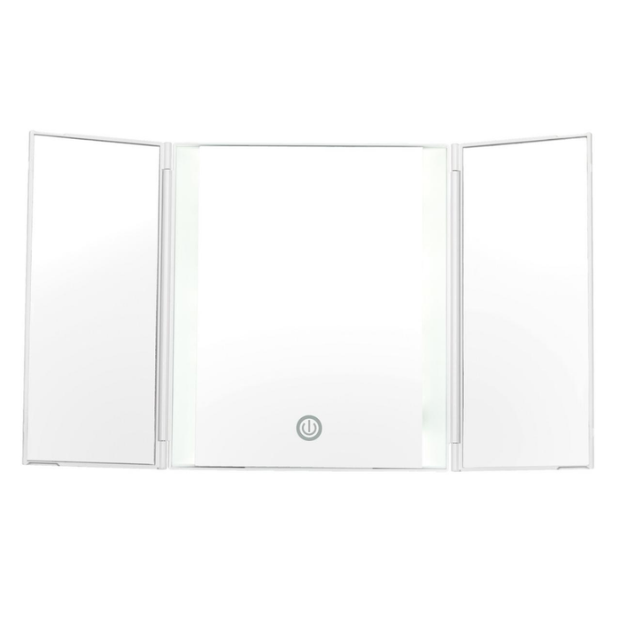 White trifold brochure with a logo on a white background