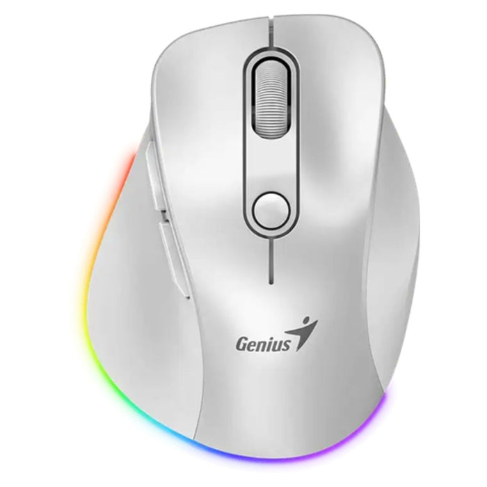 White gaming mouse with RGB lighting on a white background, featuring the Genius brand.