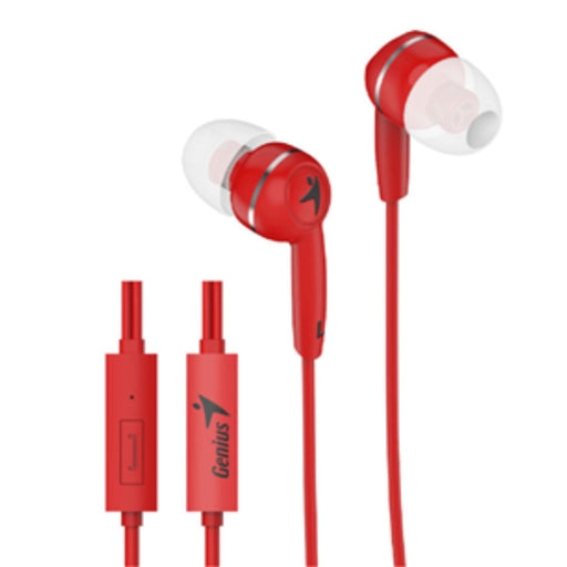 Red earphones with a Genius logo on a white background