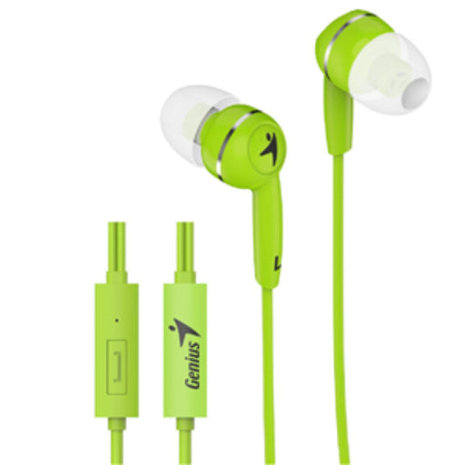Green earphones with a visible brand logo on a white background