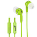 Green earphones with a visible brand logo on a white background